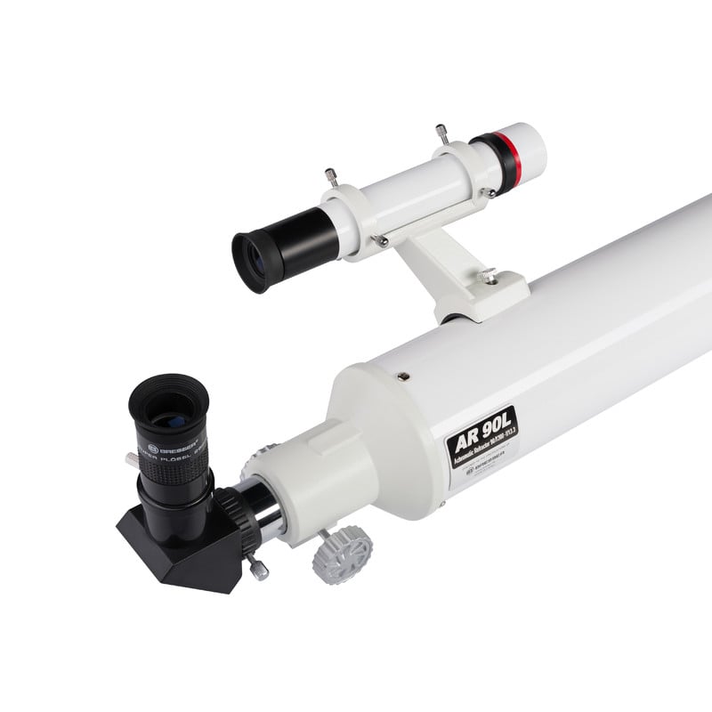 Bresser Messier 90/1200 Refractor EXOS-1 2 Bresser AC 90 1200 Telescope Messier EXOS 1 3 Bresser AC 90/1200 close-up optical tube with 6x30 viewfinder, 26mm eyepiece and straight diagonal mirror.
