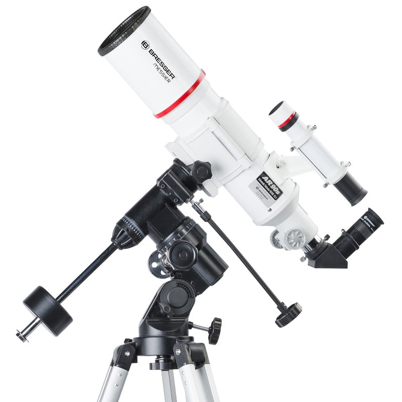 Bresser Messier 90/500 Refractor EQ-3 1 Bresser AC 90 500 Telescope Messier EQ 3 1 Bresser AC 90/500 telescope mounted on EQ-3 with counterweight, side view of complete setup including viewfinder and zenith prism.