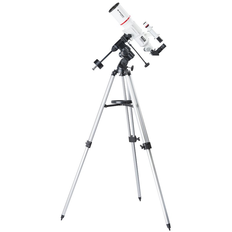 Bresser Messier 90/500 Refractor EQ-3 2 Bresser AC 90 500 Telescope Messier EQ 3 2 Bresser AC 90/500 telescope set up on aluminum tripod with accessory tray, ready for visual observation.