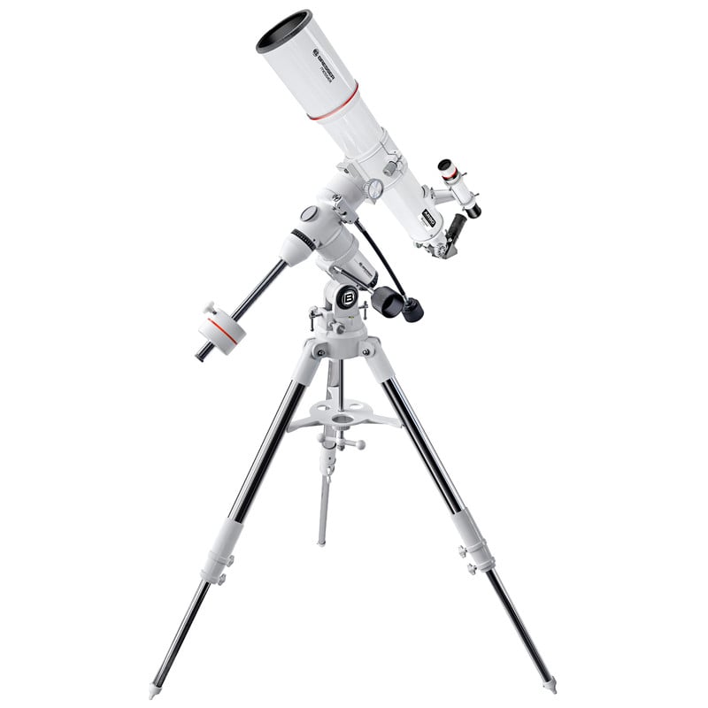 Bresser Messier 90/500 Refractor EXOS-1 2 Bresser AC 90 500 Telescoop Messier EXOS 1 2 Bresser AC 90/500 telescoop op volledig gemonteerd stalen statief met contragewicht, accessoireplateau en buis met zoeker gemonteerd