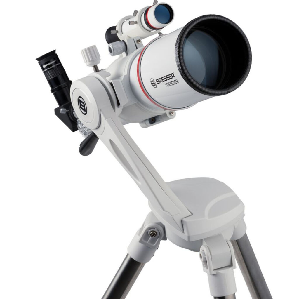 Bresser Messier 90/500 Refractor Nano AZ 1 Bresser AC 90500 Telescope Messier Nano AZ 3 Bresser AC 90/500 Telescope Messier Nano AZ front view with lens aperture and tube mounts.