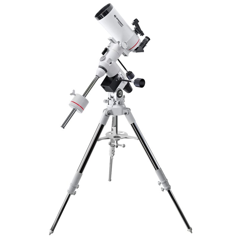 Bresser Messier 100/1400 Maksutov EXOS-2 2 Bresser MC 100 1400 Telescoop Maksutov Messier EXOS 2 2 Bresser MC 100/1400 complete telescoopsysteem op stevig EXOS-2 statief met accessoireplateau zichtbaar.