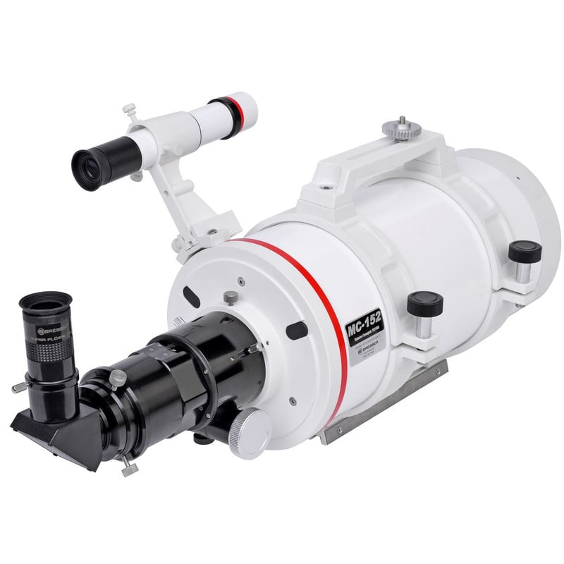 Bresser Messier 152/1900 Maksutov Hexafoc EXOS-2 2 Bresser MC 152 1900 Telescoop Maksutov Messier Hexafoc EXOS 2 3 Bresser MC 152/1900 optische buis los weergegeven met 6x30 zoeker en focuser gemonteerd.