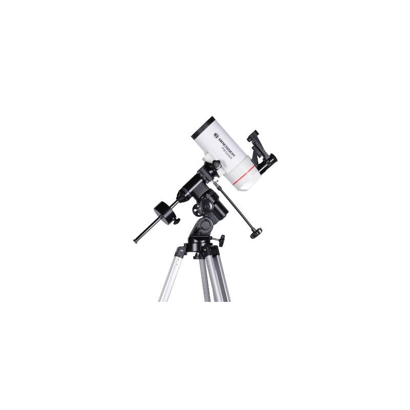 Bresser Messier 90/1250 Maksutov EQ-3 1 Bresser MC 90 1250 Telescope Maksutov Messier EQ3 1 Bresser MC 90/1250 with EQ-3 mount, red dot finder, counterbalance and 90° zenith prism mounted on aluminum tripod.