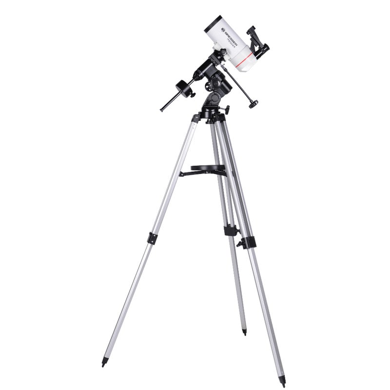 Bresser Messier 90/1250 Maksutov EQ-3 2 Bresser MC 90 1250 Telescope Maksutov Messier EQ3 2 Bresser MC 90/1250 telescope setup on fully extended tripod including accessory tray and slow-motion controls.