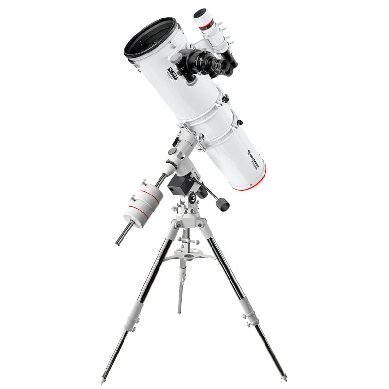 Bresser Messier 203/1200 Newton Hexafoc EXOS-2 2 Bresser N 203 1200 Telescoop Messier Hexafoc EXOS 2 2 Bresser N 203/1200 close-up van EXOS-2 montering met zwaluwstaartverbinding en vergrendelingselementen.