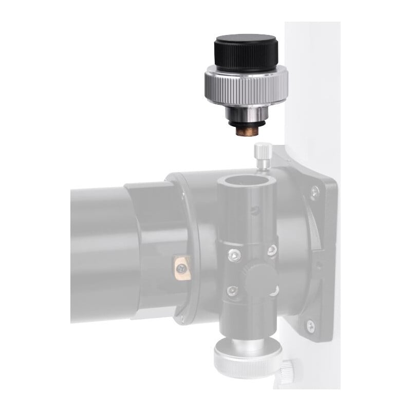 Bresser 1:8 Microfocuser voor Messier Hexafoc 1 Bresser 18 Microfocuser Fijnregeling voor Messier Hexafoc focuser 1 Bresser 1:8 fijnfocuser bovenaanzicht bij montage op Hexafoc focuser met zicht op aandrijving