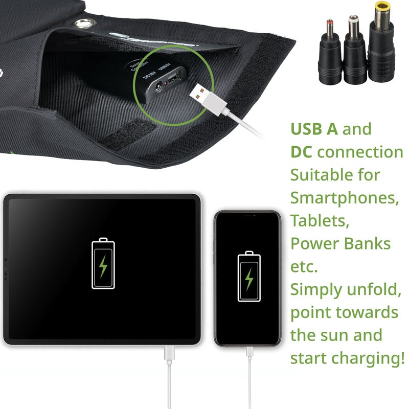 Bresser 21 Watt Mobile Zonnelader 2 Bresser 21 Watt Mobile Zonnelader 2 Bresser 21 zonnelader met USB-A en DC-aansluiting en aangesloten laadkabel
