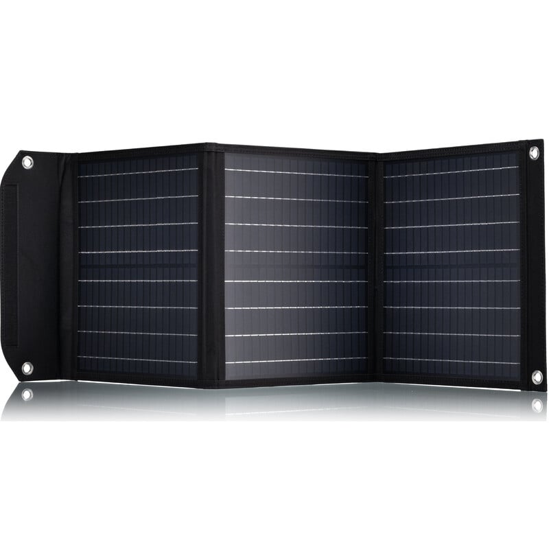 Bresser 40 Watt Mobile Solar Charger 2 Bresser 40 Watt Mobile Solar Charger 4 Bresser 40 solar charger fully extended with four linked solar panel segments