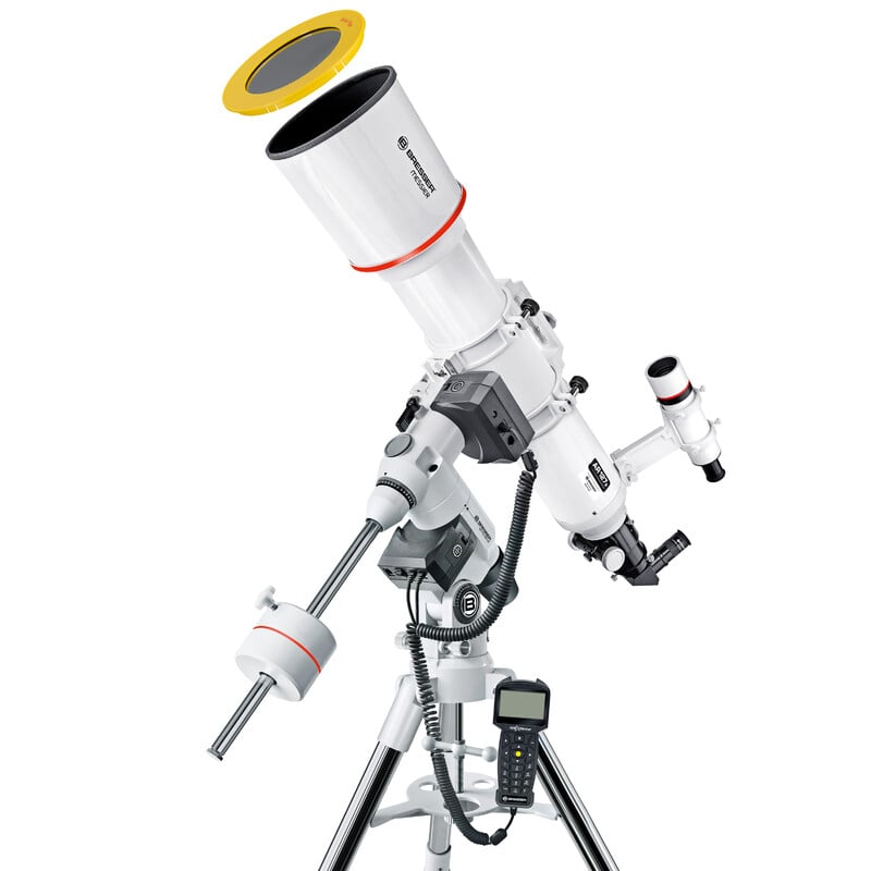 Bresser Messier 127S/635 Refractor GoTo 1 Bresser AC 127S 635 EXOS 2 Telescoop Messier GoTo 1 Bresser AC 127S/635 EXOS 2 Telescoop Messier GoTo op EXOS-2 equatoriale montering met statief en halter voor tegengewicht