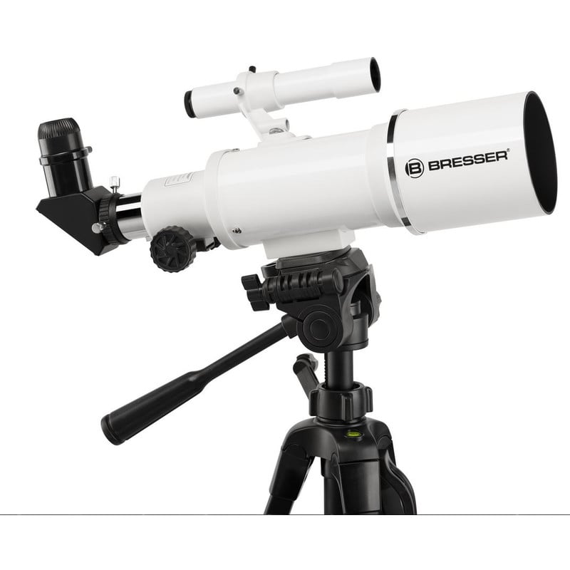 Bresser Classic AC 70/350 AZ 1 Bresser AC 70 350 AZ Telescope Classic 2 Bresser AC 70/350 AZ telescope with white tube and 90-degree zenith prism on azimuthal tripod