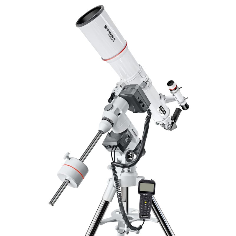 Bresser Messier 90/500 Refractor GoTo 1 Bresser AC 90 500 Telescope Messier EXOS 2 GoTo 1 Bresser AC 90/500 telescope on EXOS-2 GoTo mount with mounted viewfinder, tube and tripod with counterweight