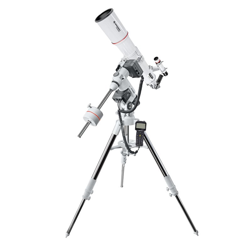 Bresser Messier 90/500 Refractor GoTo 2 Bresser AC 90 500 Telescope Messier EXOS 2 GoTo 2 Bresser AC 90/500 telescope fully mounted on EXOS-2 GoTo steel tripod with accessory tray visible