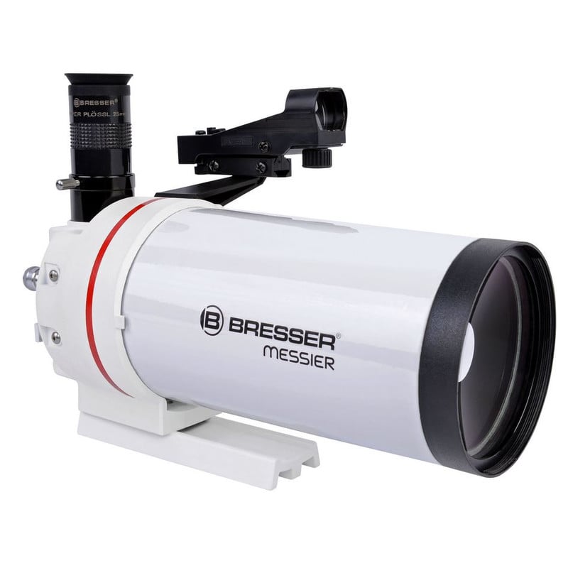Bresser Messier 90/1250 Maksutov OTA 2 Bresser MC 90 1250 Telescoop Maksutov Messier OTA 3 Bresser MC 90/1250 met 90° vouwspiegel en SP 26 mm oculair gemonteerd