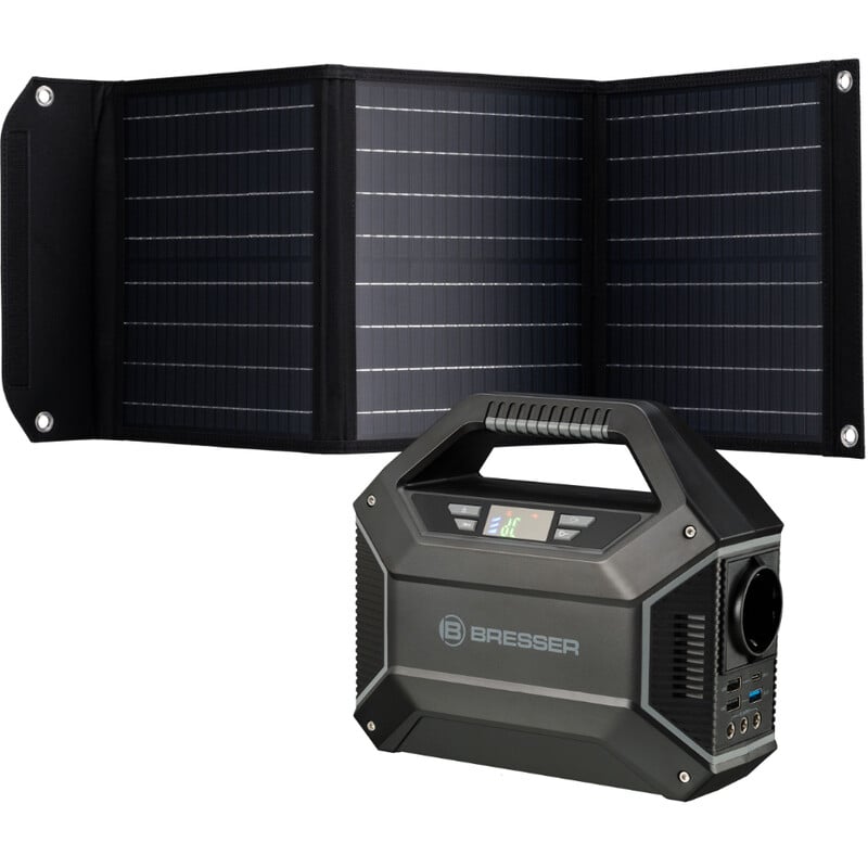 Bresser Mobile Power Station 100 watts + Solar charger 40 watts 1 Bresser Mobile Power Station 100 watts Solar charger 40 watts 1 Bresser Mobile Power Station with folded 40W solar charger and portable battery