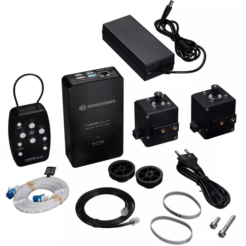 Bresser EXOS-2 Nebula GoTo Bouwpakket GoTo 1 Bresser Nebula GoTo bouwpakket EXOS 2 GoTo 1 Bresser EXOS-2 Nebula GoTo bouwpakket met motoren, handbox, wifi-controller, kabels en voeding