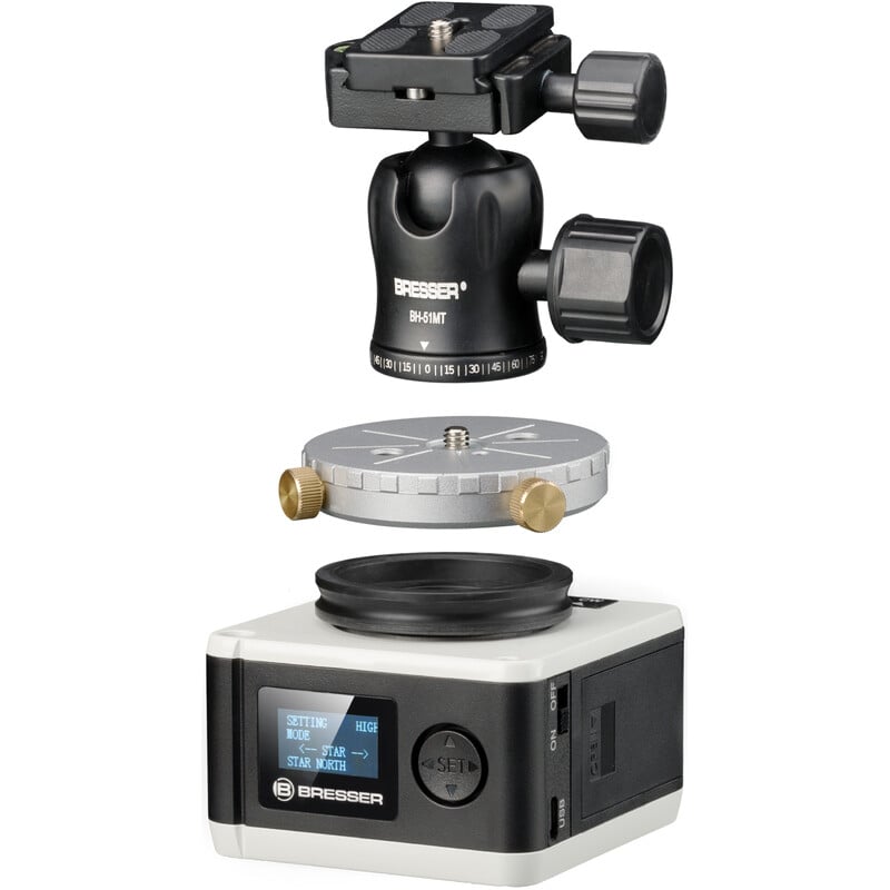 Bresser Newton StarTracker PM-100 Montering op Tripod 1 Bresser PM 100 Montering StarTracker 1 Bresser PM-100 camera-montering met balhoofd en snelkoppelingsplaat in ontkoppelde weergave