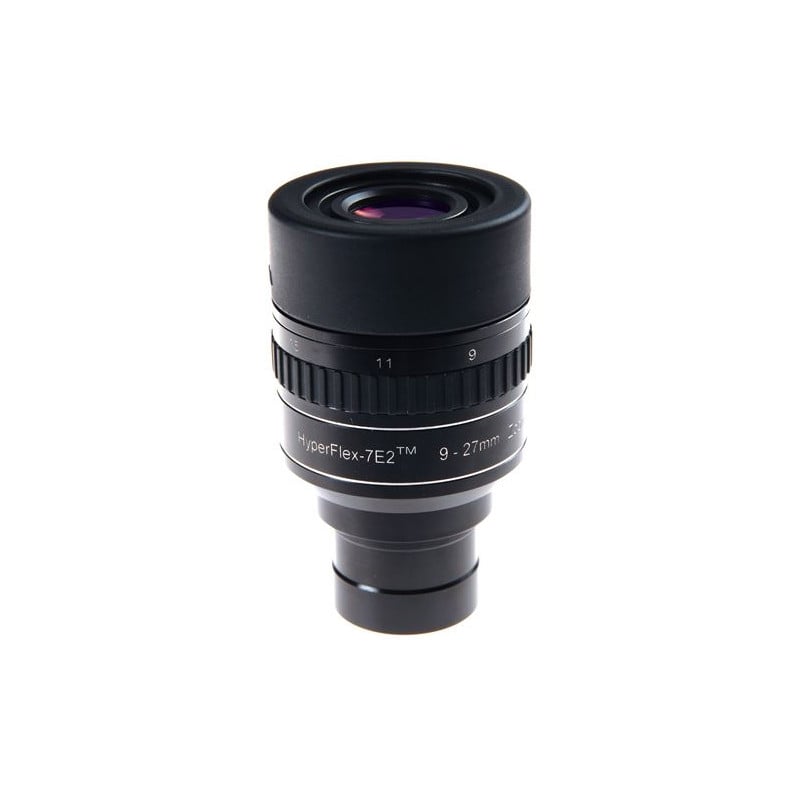 Sky-Watcher HyperFlex-7E2 High-Performance Zoom Oculair (9mm - 27mm) 1 Skywatcher 7E2 9mm 27mm125 Hyperflex HighPerformance zoomoculair Skywatcher Hyperflex HighPerformance zoomoculair 9–27mm met grote ooglens, rubberen oogschelp en 1,25 inch vatting op witte achtergrond.