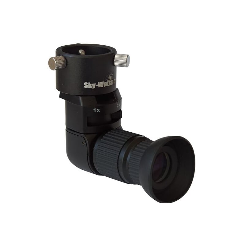 Sky-Watcher 90 Graden Inkijk voor Poolzoeker 1 Skywatcher 90° Hoekinkijk voor poolzoeker 2 Skywatcher 90° hoekinkijk voor poolzoeker zijaanzicht met rubberen oogschelp en kartelschroeven.