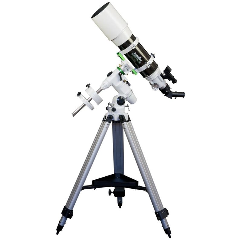 Sky-Watcher Evostar-120 EQ3-2 - 120mm f/8.3 Refractor 2 Skywatcher AC 120 600 EQ3 2 Telescope StarTravel 2 Skywatcher AC 120/600 EQ3-2 telescope on tripod in equatorial mount with tube angled upward for observation.