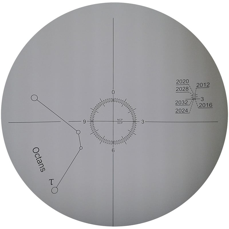 Sky-Watcher Verlichte Poolzoeker voor AZ-EQ5GT 2 Skywatcher AZ EQ 5GT voor Poolzoeker 1 Skywatcher AZ-EQ-5GT poolzoeker beeld met dradenkruis en schaalverdeling voor uitlijning op de hemelpool.