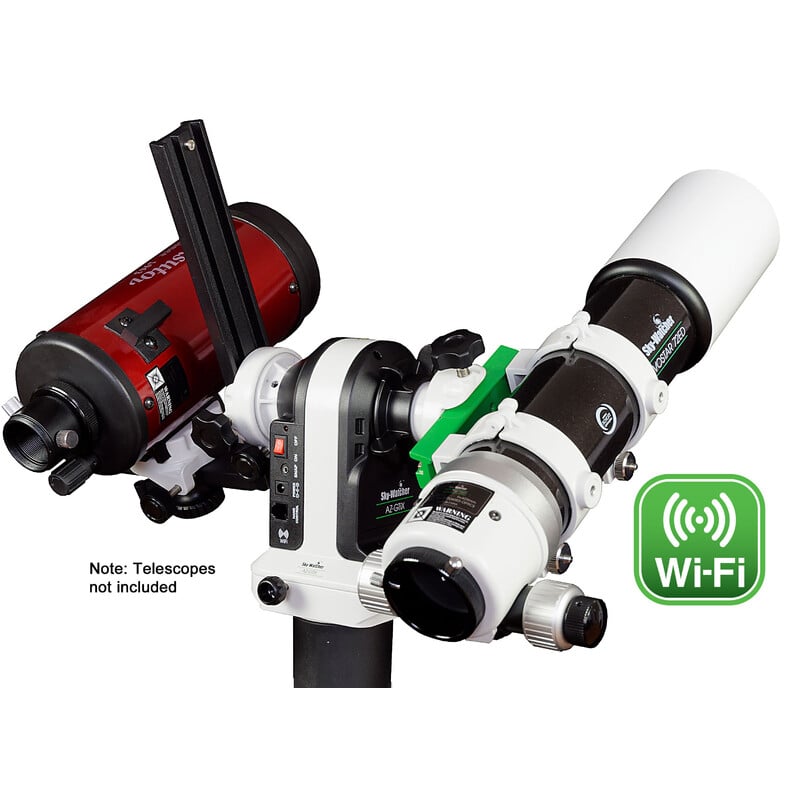 Sky-Watcher AZ-GTiX Wi-Fi Dual Saddle Alt-Azimutale Montering (Alleen Kop) 2 Skywatcher AZ GTiX Montering WiFi 1 1 Skywatcher AZ-GTiX WiFi GoTo-montering met gemonteerde refractor en tweede optiek in dual-saddle configuratie, WiFi-markering.