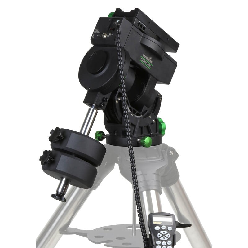 Sky-Watcher CQ350 PRO Computerized Equatorial Mount (Head Only) 1 Skywatcher CQ350 Mount Pro SynScan GoTo 2 Skywatcher CQ350 equatorial GoTo mount on tripod with double dovetail clamp and two counterweights.