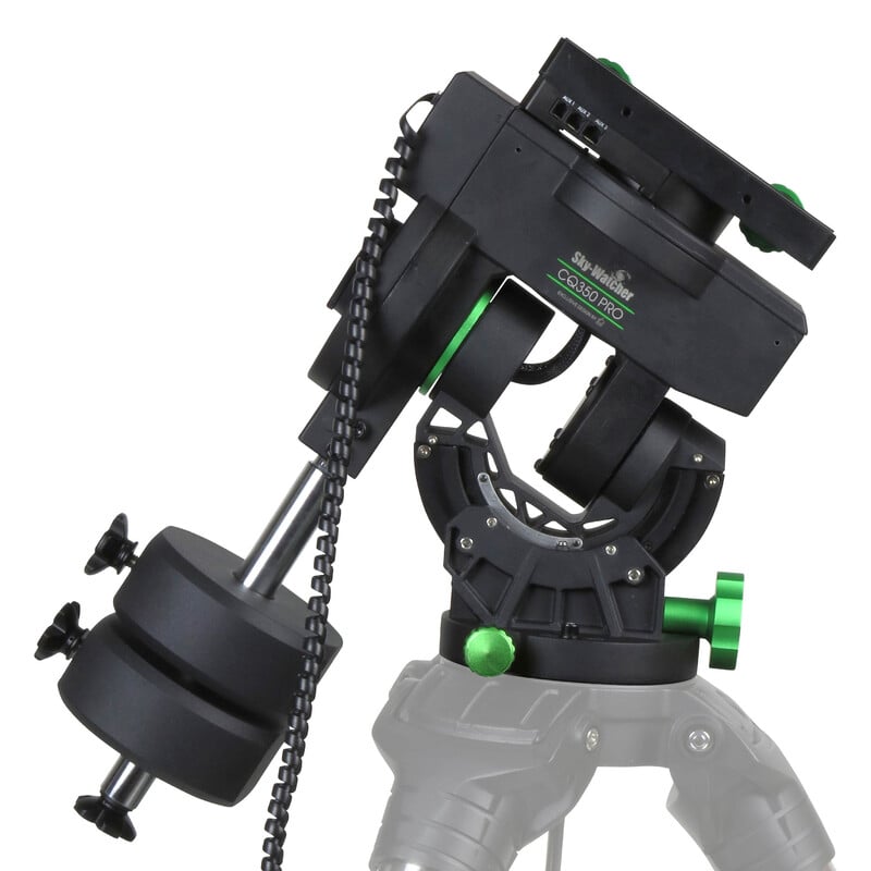 Sky-Watcher CQ350 PRO Computerized Equatorial Mount (Head Only) 2 Skywatcher CQ350 Mount Pro SynScan GoTo 5 Skywatcher CQ350 mount in tilted position with visible belt drive and azimuth adjustment on base.