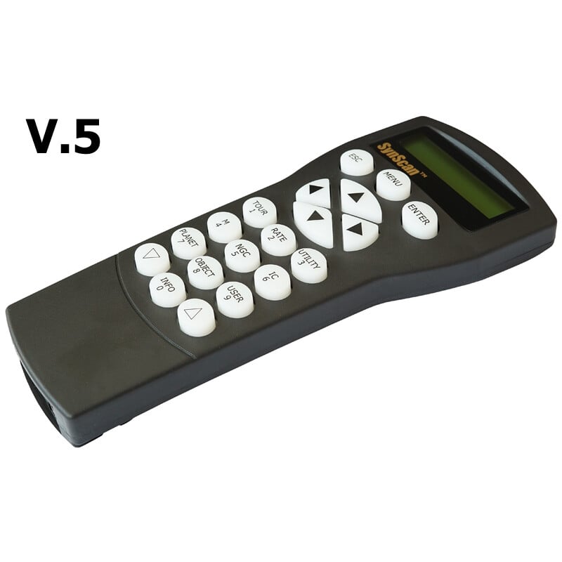 Sky-Watcher SynScan PRO GoTo Upgrade Kit for Standard EQ6 2 Skywatcher EQ6 mount V5 SynScan PRO GOTO upgrade kit for standard 3 Skywatcher EQ6 mount V5 SynScan PRO V5 hand controller top view with LCD screen and numeric keypad.