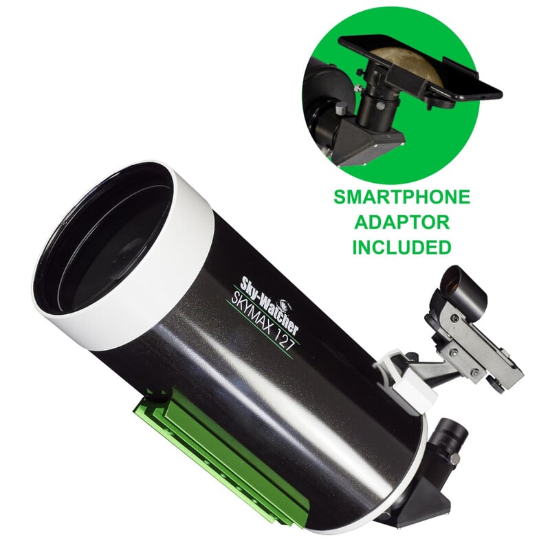 Skymax 127 EQ3 Pro SynScan Maksutov-Cassegrain OTA close-up met roodpuntzoeker en tekst “smartphone adaptor included”, op witte achtergrond.