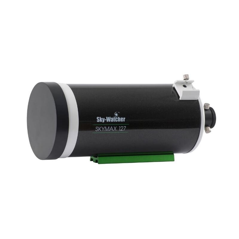 SKYMAX-127 OTA frontaanzicht van de meniscus corrector met witte voorring en lensreflecties