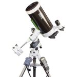 SKYMAX-180 PRO (EQ5 PRO SynScan™) 180mm f/15 Maksutov-Cassegrain mounted on EQ5 Pro equatorial mount with stainless steel tripod and SynScan hand controller attached.