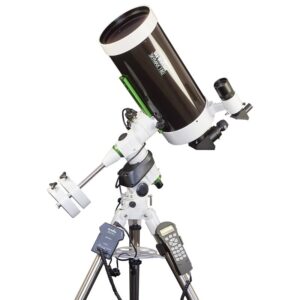 SKYMAX-180 PRO (EQ5 PRO SynScan™) 180mm f/15 Maksutov-Cassegrain mounted on EQ5 Pro equatorial mount with stainless steel tripod and SynScan hand controller attached.