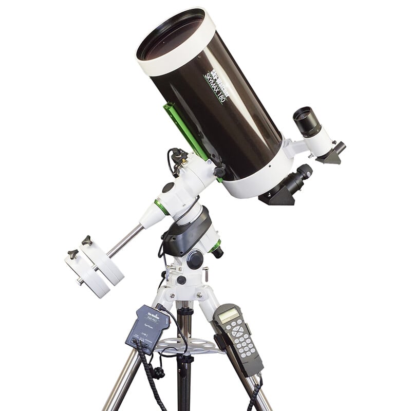 SKYMAX-180 PRO (EQ5 PRO SynScan™) 180mm f/15 Maksutov-Cassegrain mounted on EQ5 Pro equatorial mount with stainless steel tripod and SynScan hand controller attached.
