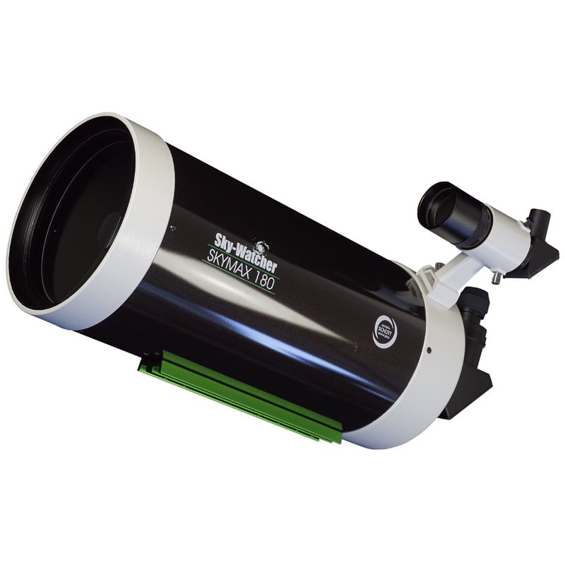 SKYMAX-180 PRO OTA 180mm f/15 Maksutov-Cassegrain optical tube in black and white finish with finderscope attached.