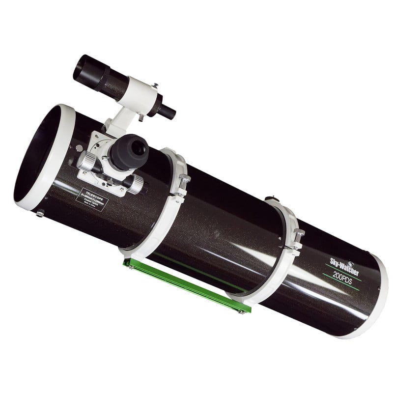 Sky-Watcher Explorer-200PDS (OTA) - 200mm Dual-Speed Newton Reflector 1 Skywatcher N 200 1000 Telescope PDS Explorer BD OTA Skywatcher N 200/1000 Newton PDS OTA with 2-inch Crayford focuser, 9x50 viewfinder, tube rings and Vixen swallowtail in side view.