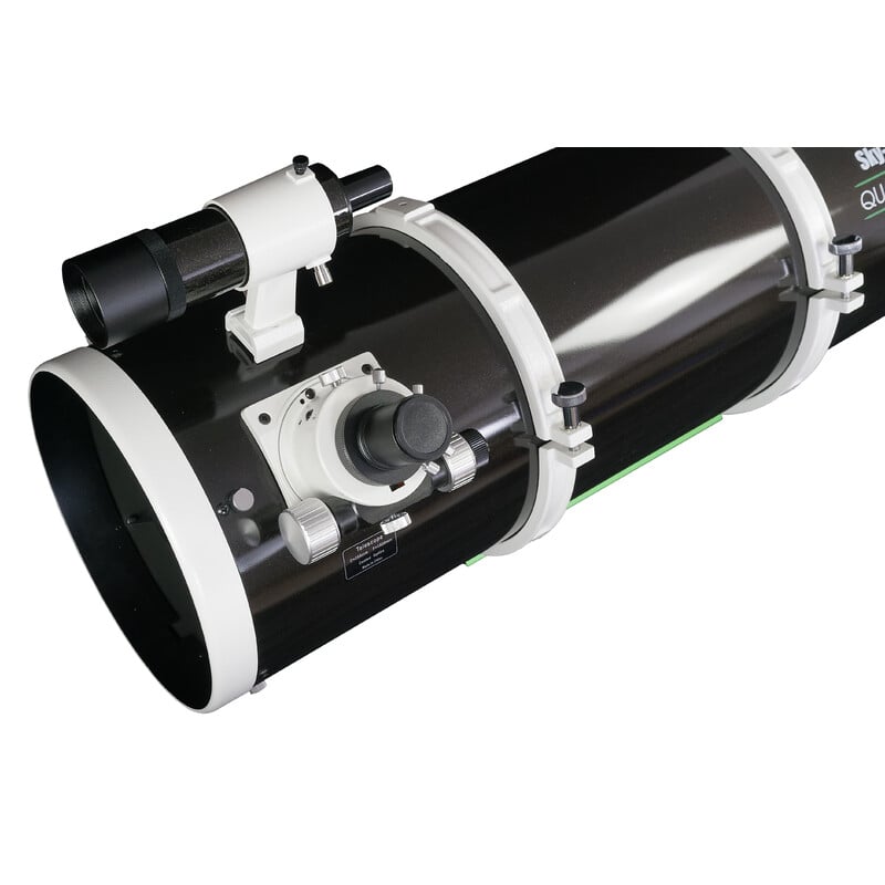 Sky-Watcher Quattro-250P - 250mm f/4 Dual-Speed Imaging Newton 2 Skywatcher N 250 1000 Quattro 250P Telescope OTA 1 Skywatcher N 2501000 Quattro-250P close-up of focuser side with 9x50 viewfinder, tube rings and fine-adjustable 2" Linear Crayford focuser.