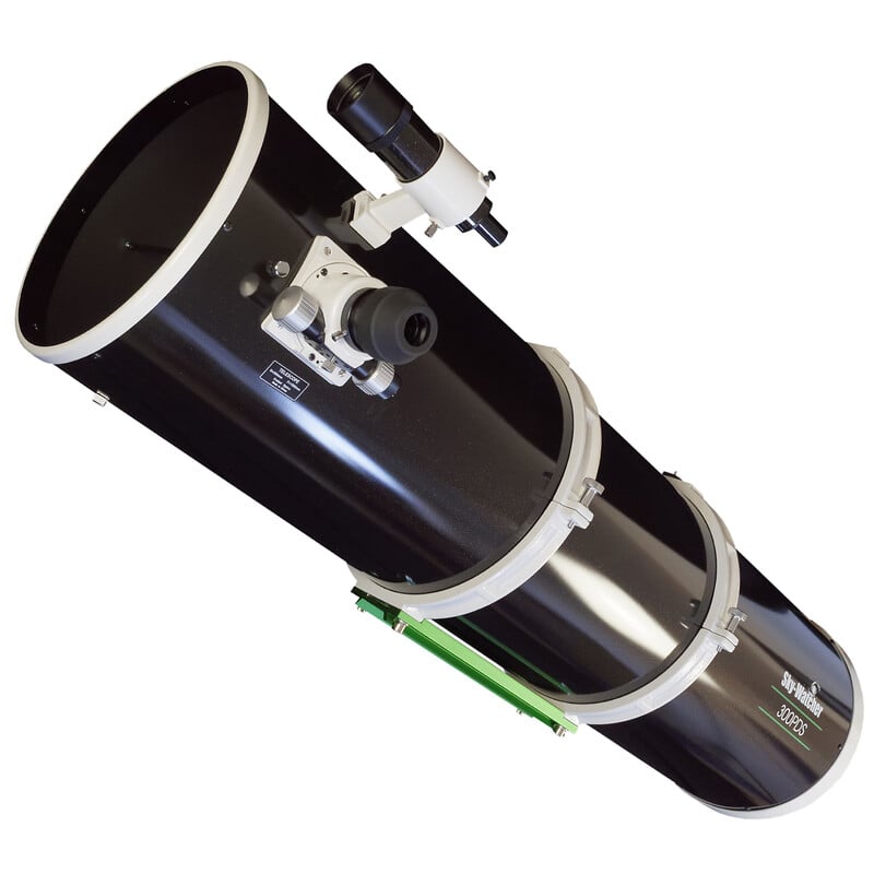 Sky-Watcher Explorer-300PDS (OTA) – 300mm Dual-Speed Newtonian Reflector 1 Skywatcher N 305 1500 300PDS Telescope Explorer OTA Skywatcher N 305/1500 300PDS large Newton-OTA with 2-inch Crayford focuser, 9x50 viewfinder, tube rings and Vixen swallowtail in side view.