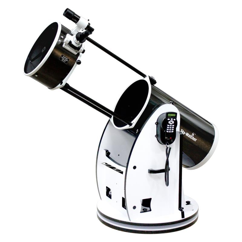 Sky-Watcher Skyliner-350P FlexTube SynScan GoTo – 350mm Dobson 1 Skywatcher N 355 1600 Dobson Telescoop Skyliner FlexTube BD SynScan DOB GoTo 2 Skywatcher N 355/1600 FlexTube Dobson GoTo telescoop uitgeschoven op rockerbox, zijaanzicht met open trussbuis.