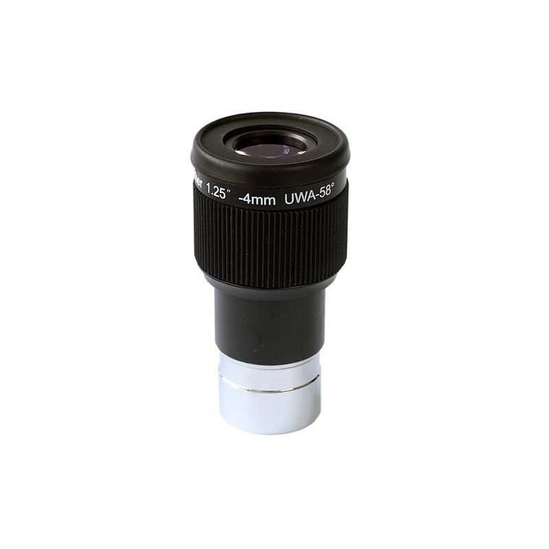 Sky-Watcher 4 mm Planetary UWA Oculair – 58° – 1,25" 1 Skywatcher Oculair Planetary 4mm 125 UWA Skywatcher Oculair Planetary 4mm 1,25 inch UWA-58° planetaire oculair met rubberen oogschelp en zwarte behuizing op witte achtergrond.