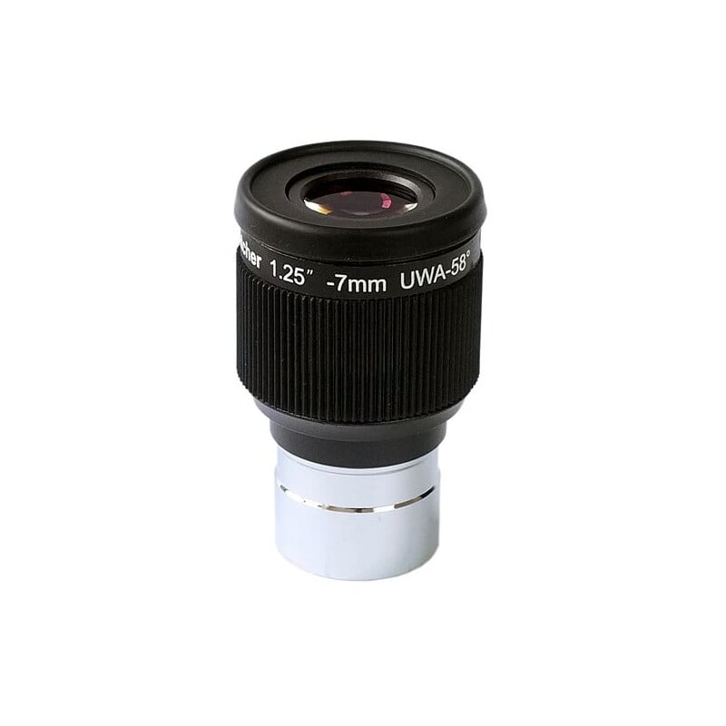 Sky-Watcher 7 mm Planetary UWA Oculair (1,25 inch) 1 Skywatcher Oculair Planetary 7mm 125 UWA Skywatcher Oculair Planetary 7mm 1,25 inch UWA-58° planetaire oculair met rubberen oogschelp en geribbelde behuizing op witte achtergrond.