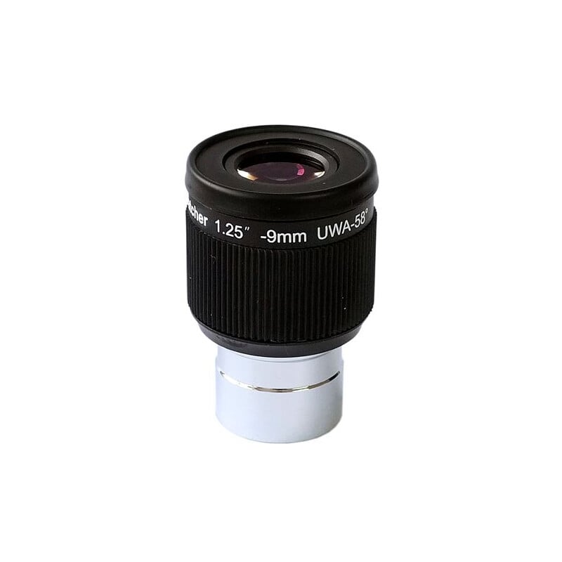 Sky-Watcher 9 mm Planetary UWA Oculair (1,25 inch) 1 Skywatcher Oculair Planetary 9mm 125 UWA Skywatcher Oculair Planetary 9mm 1,25 inch UWA-58° planetaire oculair met rubberen oogschelp en geribbelde behuizing op witte achtergrond.