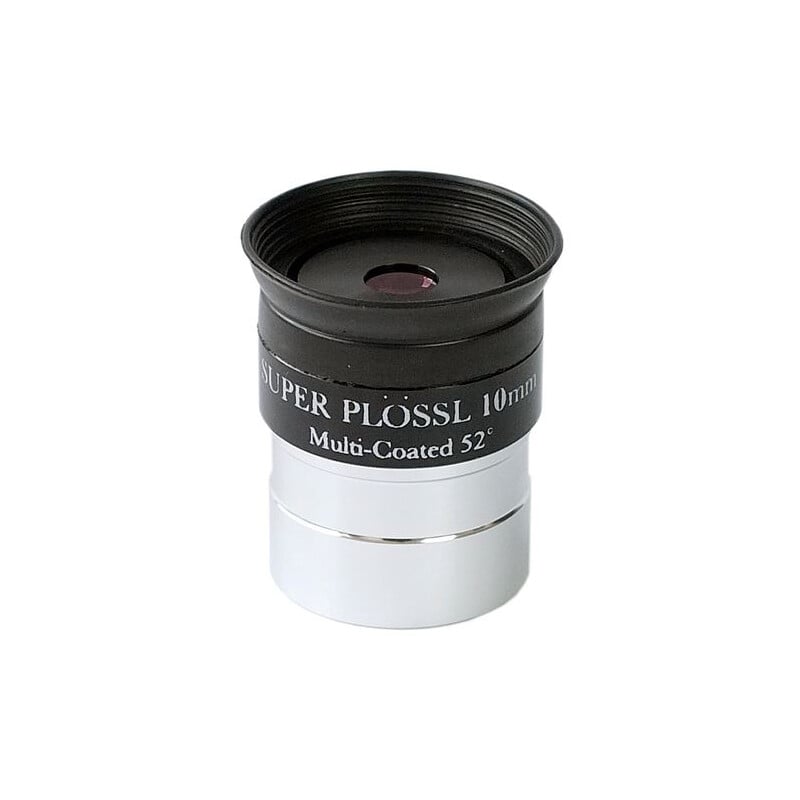 Sky-Watcher 1.25" 10 mm Super Plössl oculair 1 Skywatcher Oculair Super Plossl 10mm 125 Skywatcher Oculair Super Plössl 10mm 1,25 inch oculair met rubberen oogschelp en geribbelde grip op witte achtergrond.