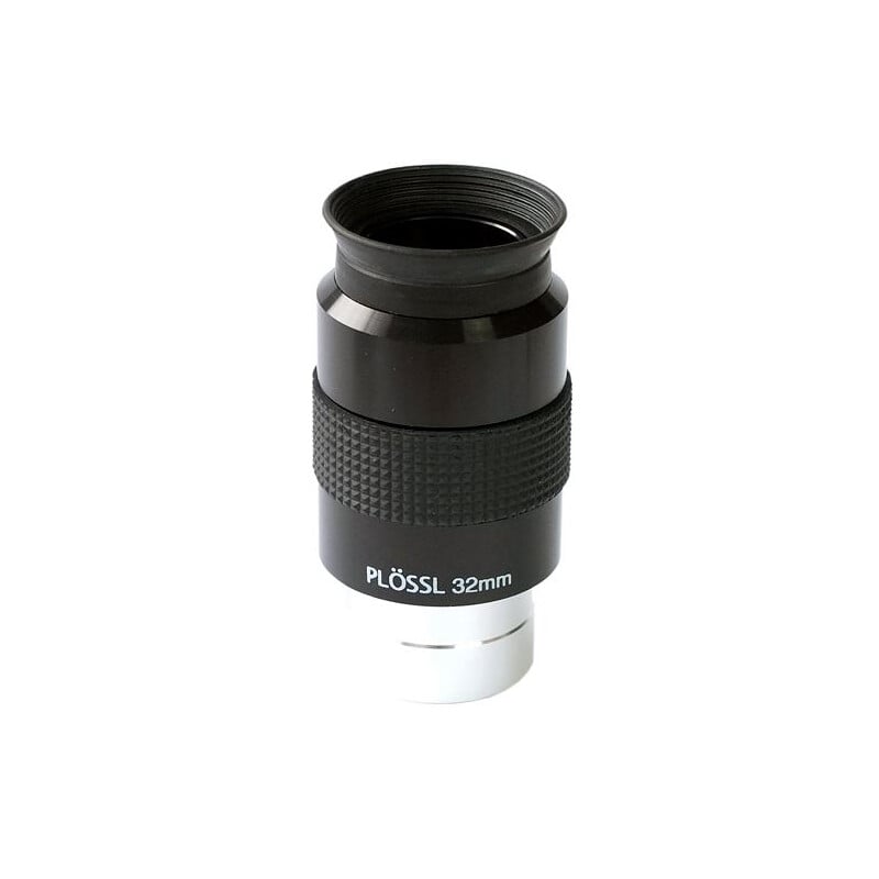 Sky-Watcher 1,25" 32 mm Super Plössl oculair 1 Skywatcher Oculair Super Plossl 32mm 125 Skywatcher Oculair Super Plössl 32mm 1,25 inch oculair met rubberen oogschelp en geribbelde grip op witte achtergrond.