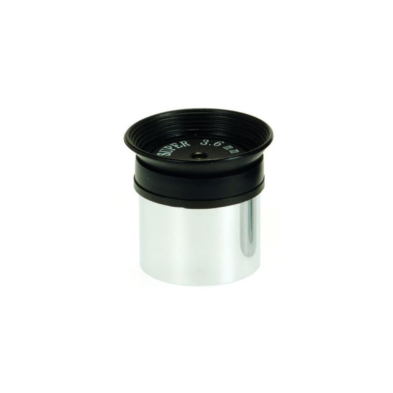 Sky-Watcher 1.25" 3.6 mm Super MA oculair 1 Skywatcher Super MA oculair 36mm 125 Skywatcher Super MA oculair 3,6mm 1,25 inch oculair met opvouwbare rubberen oogschelp en chromen insteekhuls op witte achtergrond.