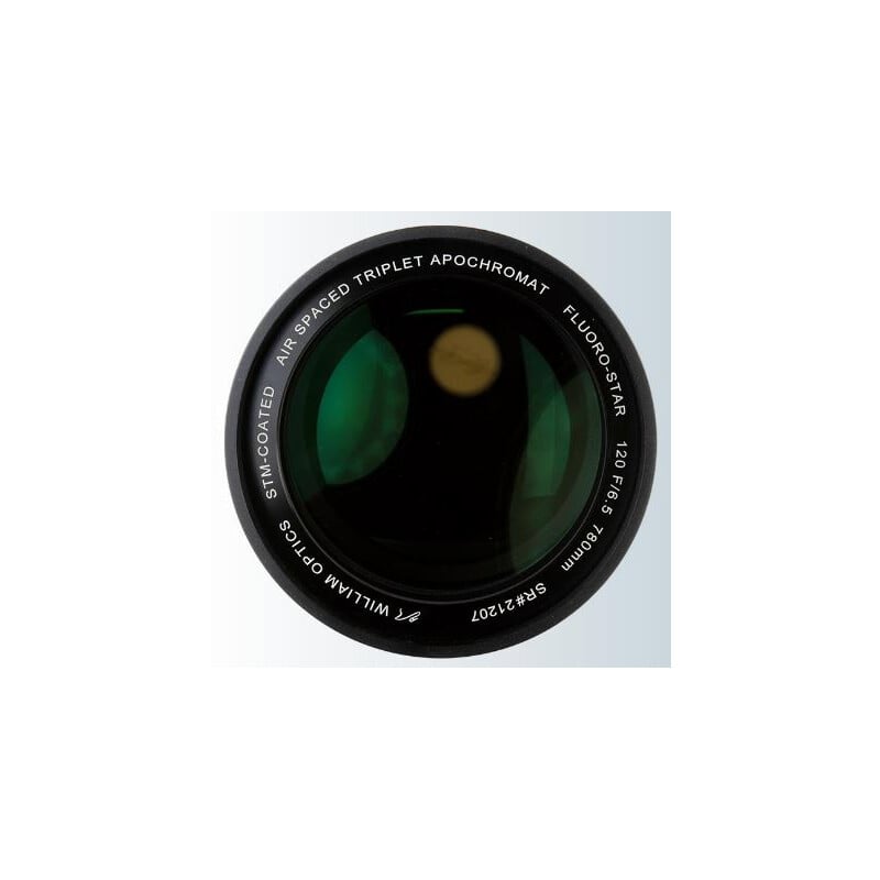 William Optics Fluorostar 120/780 APO Space Gray OTA 2 William Optics 120 780 Apochromatische refractor AP Fluorostar Space Gray OTA 2 William Optics 120/780 triplet objectieflens FPL-53 close-up met multicoating.