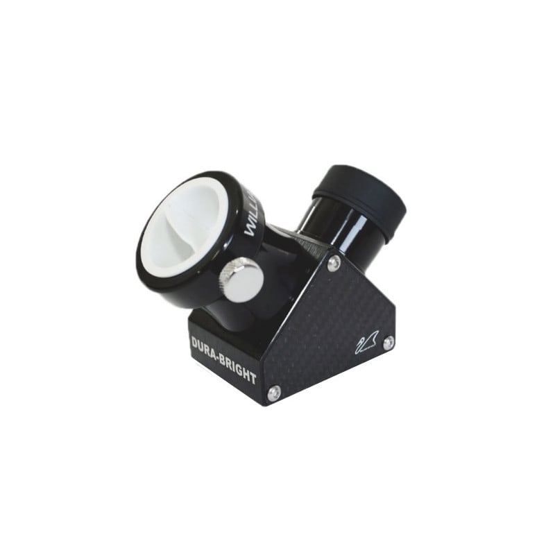 William Optics 90°, 1,25" Dura Bright zenitspiegel 1 William Optics 90° 125 Dura Bright zenitspiegel 2 William Optics 90 diagonaal vooraanzicht met witte adapter en carbon zijplaat