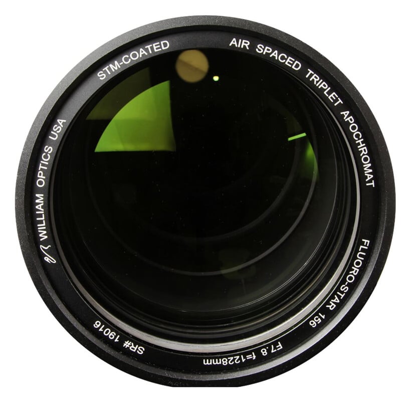 William Optics Fluorostar 156/1217 Refractor APO Space Gray OTA 2 William Optics AP 156 1217 Apochromatic refractor Fluorostar Gray OTA 2 William Optics AP 156/1217 close-up of multi-coated triplet lens