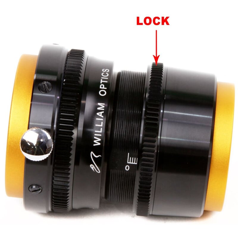 William Optics Flat61R 61 Field Flattener voor ZenithStar 2 William Optics Flat61R 61 Beeldveldegalisator voor ZenithStar 3 iii. William Optics Flat61R 61 detailopname van de geribbelde borgring voor fijnafstelling