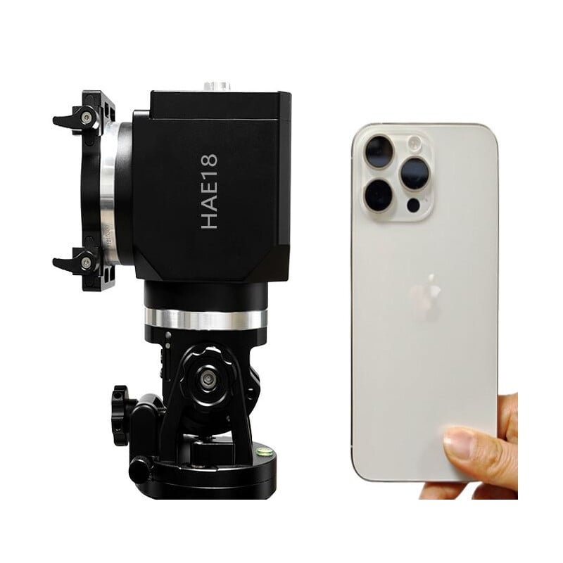 iOptron HAE18C AZ/EQ Montering Dual 2 iOptron HAE18C AZEQ Montering Dual 5 iOptron HAE18C AZ/EQ schaalvergelijking tussen montering en smartphone in staande positie